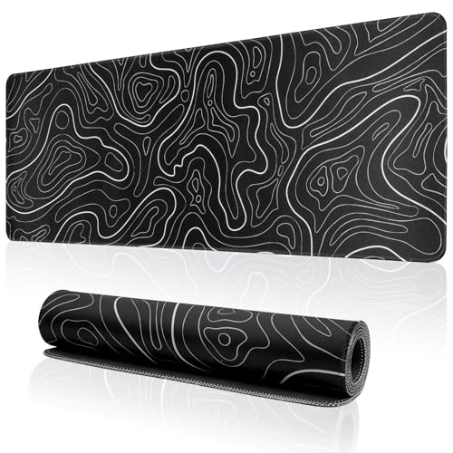 Large Gaming Mouse Pad for Desk, Black Topographic Mouse Pad Desk Mat for Gaming Office, Long XL Mouse Pads Keyboard Pad Desk Pad for Computer Laptop 31.5''x11.8'' - color: Black