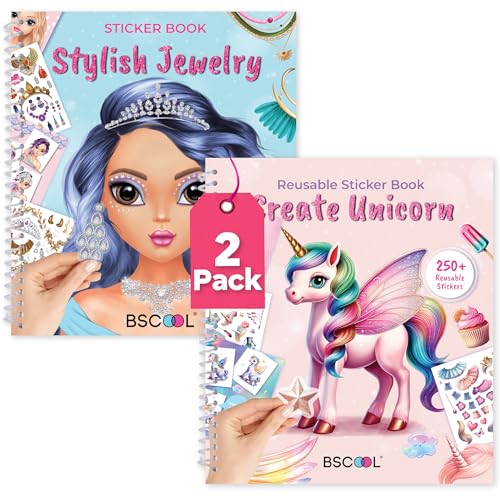Reusable Sticker Book for Kids – Jewelry & Unicorn 2-Pack | Spiral-bound activity books with reusable stickers in Jewelry and Unicorn themes — great travel fun for girls on the go - color: Multipack - Unicorn and Stylish Jewelry