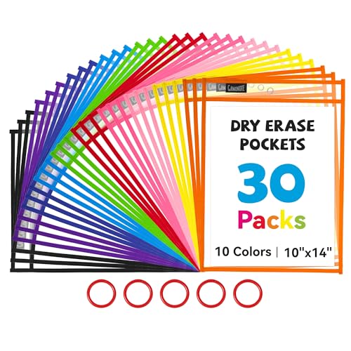 Gamenote 30 Pack Dry Erase Pockets with 5 Rings, 10 Assorted Colors 10x14 Oversized Reusable Plastic Sleeves, Clear Sheet Protectors, Teacher Supplies for Classroom Organization - color: Assorted Colors, size: 30 Pack