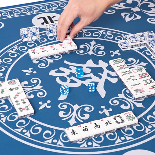 American Mahjong Set,166 Premium Acrylic Tiles with Blue Prints, 4 All-in-One Color Rack/Pushers, Complete Mahjong Game Set with Floral Blue Carrying Bag