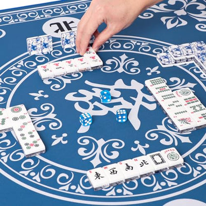 American Mahjong Set,166 Premium Acrylic Tiles with Blue Prints, 4 All-in-One Color Rack/Pushers, Complete Mahjong Game Set with Floral Blue Carrying Bag