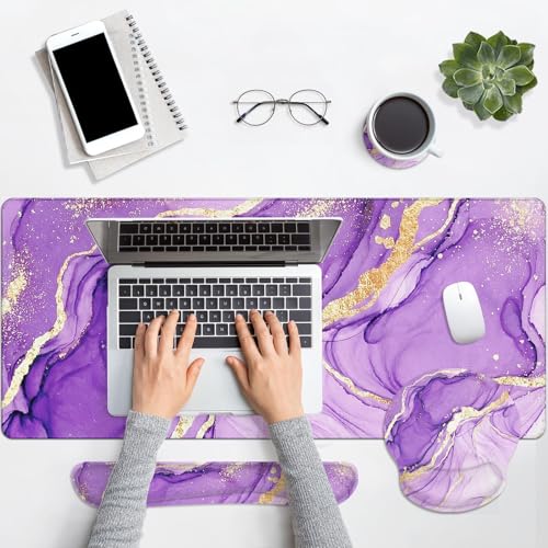 Arttown Purple Gold Marble Desk Mat Abstract Marble Mouse Pad Set 4 in 1 Ergonomic Design Large Mousepad + Keyboard Wrist Rest + Mouse Wrist Rest + Coaster Suitable for Home Office Study Game - color: Purple Gold Marble