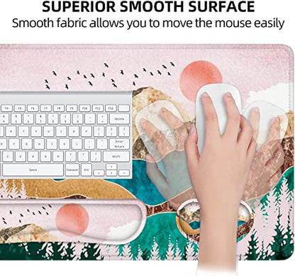 LATEEFAH Large Mouse Pad and Keyboard Wrist Rest, Desk Pad for Keyboard and Mouse, Extended Gaming Mouse Pad with Wrist Support, Waterproof Non-Slip Desk Mouse Mat for Office, Home - color: 4pcs-Art Mountains