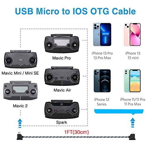 1FT+ 0.5FT(2 pack) USB Micro to iOS DJI Remote Controller Cable for DJI Mavic Mini(1st Gen), Mini SE, Mavic Pro, Spark, 2 Pro Zoom, Mavic Air,Platinum, Phone/Tablet 90 Degree Data OTG Cord Accessories - style: Micro to iOS