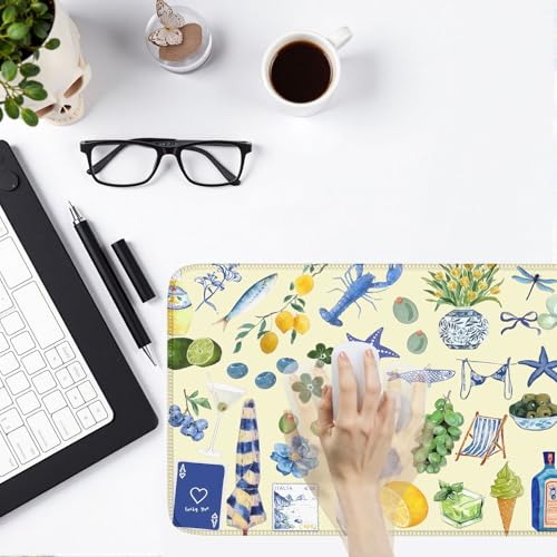 Cute Pastel Coastal Desk Mat with Vibrant Sea Life Beige Large Mouse Pad Cozy Aesthetic XXL Mouse Pad Anti-Slip Big Mousepad with Stitched Edges for Computer Desktop - color: A5- Italian Seaside