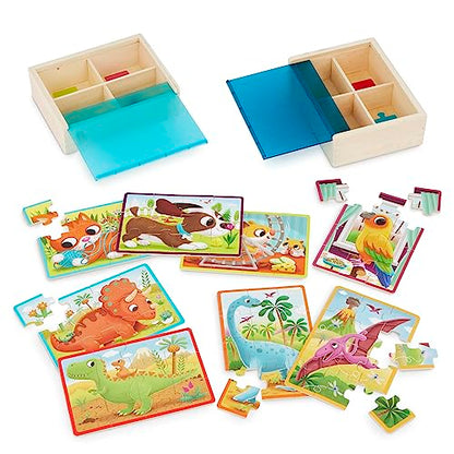 B. toys Wooden Puzzles Pack o' Puzzles Pets & Dinos 2-Pack Set, 2 Pack | 8 wooden jigsaw puzzles in 2 storage boxes; 12 pieces each, pet and dinosaur themes, color-coded backs, 2 Pack; 3+ Years - style: 2 Pack