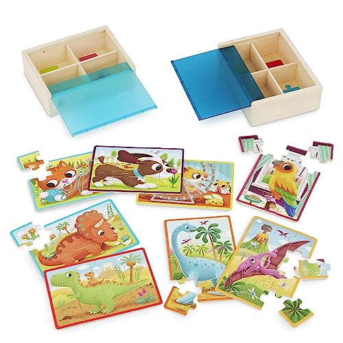 B. toys Wooden Puzzles Pack o' Puzzles Pets & Dinos 2-Pack Set, 2 Pack | 8 wooden jigsaw puzzles in 2 storage boxes; 12 pieces each, pet and dinosaur themes, color-coded backs, 2 Pack; 3+ Years - style: 2 Pack