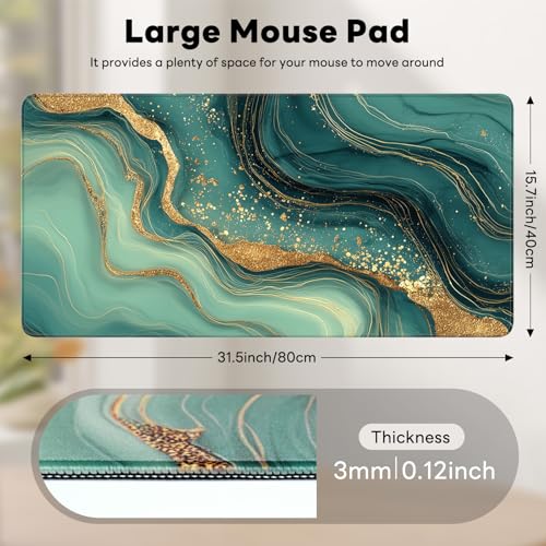 Large Gaming Mouse Pad, XL Desk Protector, Non-Slip Base | 31.5x15.7 in Extended Desk Mat with Stitched Edges for Keyboard, Work, Game, Office, Home PC and Laptop - color: Gold Marble