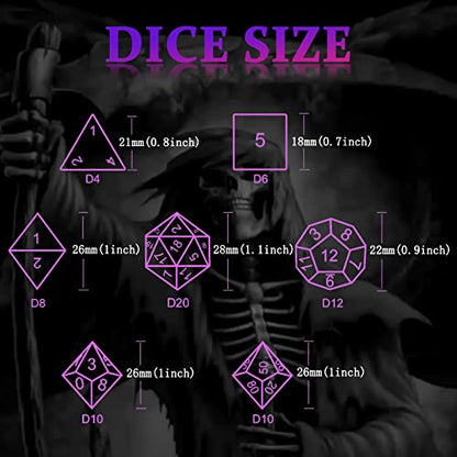 DND Dice Set,Grim Reaper Design Hollow Metal 7-Die,Purple Numbers | copper construction,76g balanced weight,engraved numbers,gift box and velvet bag for DND RPG play - color: Grim Reaper Purple Number