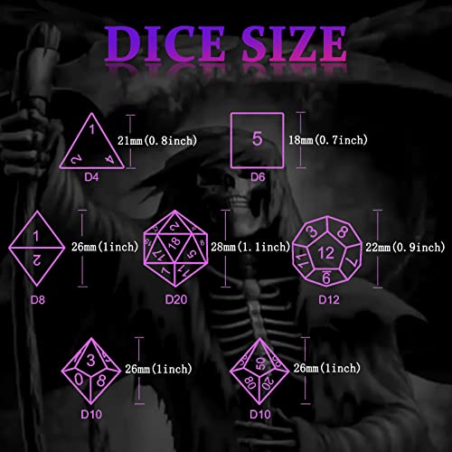 DND Dice Set,Grim Reaper Design Hollow Metal 7-Die,Purple Numbers | Lightweight copper dice,Easy-To-Read Engraved Numbers,a Gift Box and Velvet Bag for DND RPG Play - color: Grim Reaper Purple Number
