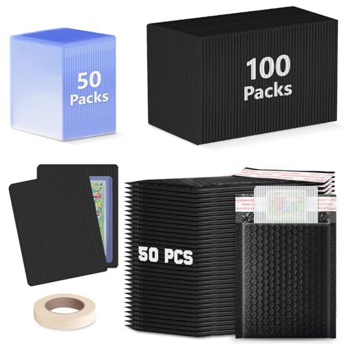 DEDC 200 Packs Trading Cards Shipping Protectors 100 Packs Cards Protector Shipping 50 Pcs Top Loaders 50 Pcs Black Bubble Mailers 5x 6" for Trading Card and a Tape Card Ship Bundle (Black)