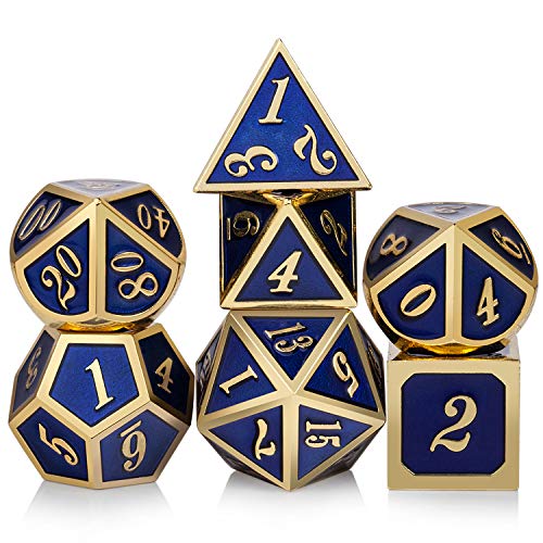 DnDnD Heavy Polyhedral Metal Dice Set with Metal Box, 7-die Shiny Blue Surface with Golden Number for RPG,Dungeons and Dragons,Pathfinder,Shadowrun,D&D,Role Palying Game and Math Teaching - color: Blue With Gold