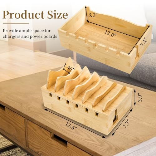 WRINGKIT Bamboo Charging Station for Multiple Devices, Hold 6 Devices | Desktop Charging Docking Stations Organizer with Removable Divider Slots, Compatible with Tablets, iPads, Cell Phone, Laptop