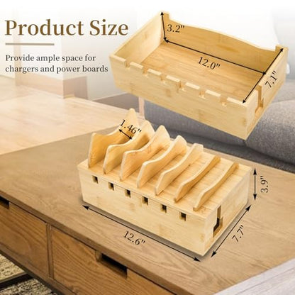 WRINGKIT Bamboo Charging Station for Multiple Devices, Hold 6 Devices | Desktop Charging Docking Stations Organizer with Removable Divider Slots, Compatible with Tablets, iPads, Cell Phone, Laptop