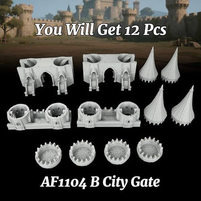 Gothic RPG Terrain Set for Dungeon Masters & Wargame, Modular Grand Fortress Entrance for TTRPG - 25mm Scale Unpainted Stone Archway & Defense Towers - City Gate (AF1104 B) - color: Af1104 B City Gate