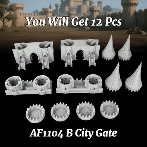 Gothic RPG Terrain Set for Dungeon Masters & Wargame, Modular Grand Fortress Entrance for TTRPG - 25mm Scale Unpainted Stone Archway & Defense Towers - City Gate (AF1104 B) - color: Af1104 B City Gate