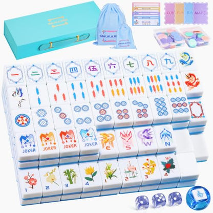 Blue American Mahjong Set, 168 Melamine Tiles | Includes 168 Mahjong tiles with 12 jokers and a gift box. Portable for game nights, weekly clubs and gifting. - color: Blue