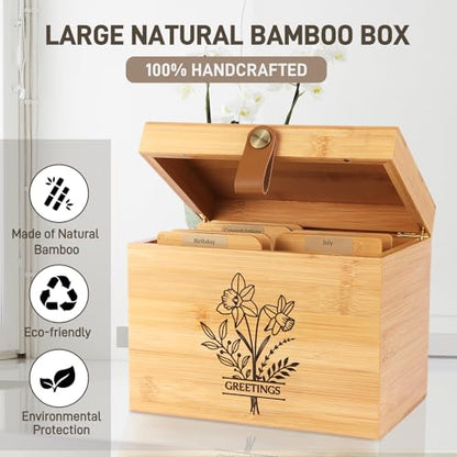 Large Bamboo Greeting Card Organizer Box with 6 Removable Dividers, Real Leather Handle, 100% Handmade Solid Bamboo, Storage Box for Christmas, Valentine, & Birthday Cards, Postcards, Stationery - color: Wood