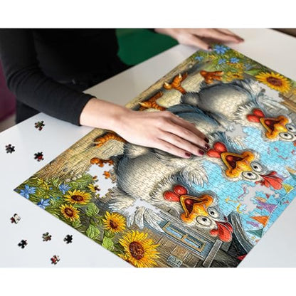Funny Chicken Puzzles for Adults 1000 Pieces, Larkipuzz Cute Rooster Jigsaw Puzzle Garden Farm Flower, Impossible Challenge Animal Theme as Home Decor - style: Sunflower Chickens