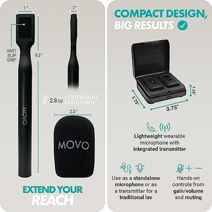 Movo WMX-2 Wireless Lavalier Microphone Lapel Mic with Charging Case and WMX-HM Handheld Adapter - Lav Mic, Lapel Microphone 2.4GHz for Camera, Vlogging, DSLR, and Content Creators - style: Camera Single