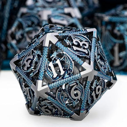 ARUOHHA Hollow DND Metal Dice Set Black Blue Dragons D and D Dice with Gift Box, Role Playing Games Dungeons Polyhedral Dice D20 D12 D10 D8 D6 D4 - color: Black Blue-01