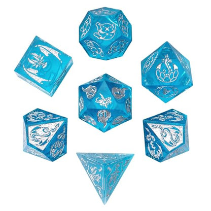 Cusdie 7-Piece Sharp Edges DND Dice Set with Dragon Pattern - Perfect for Tabletop RPGs Board Games Gifting and Collecting(Transparent Blue/Silver Number) - color: Dragon Pattern Tb/S