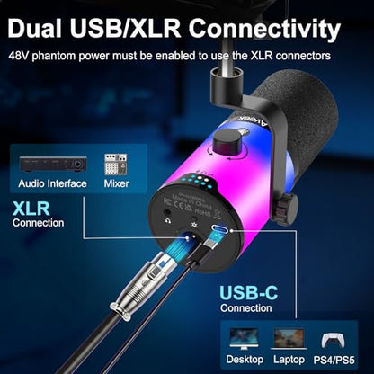 Aveek USB/XLR Dynamic Microphone with Boom Arm for Gaming & Streaming | RGB Lighting, Noise Cancellation, One-Touch Mute, Monitor Mix & Headphone Jack for PC & PS5