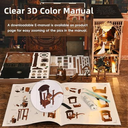 MiniCity Phantom of the Opera DIY Book Nook Kit, Bookshelf Insert with LED | 7.1 x 4.3 x 9.1 in; 186 pieces, LED and dust cover; glue/tools and guide included; 6-8 hr DIY build for display, ages 14+. - style: Phantom of The Opera