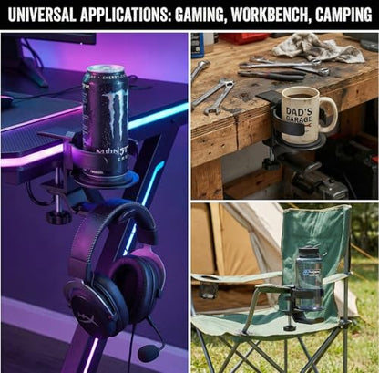 3 in 1 Desk Cup Holder & Headphone Hanger, 360° Rotating Under-Desk Hook, Aviation-Grade Aluminum Clamp-On for Gaming Desks, Workbenches, Shelves & Camping Chair Armrests, Fits Large 40oz Tumblers