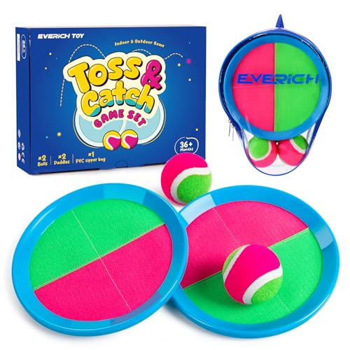 EVERICH Upgraded Toss and Catch Ball Game Set - Indoor and Outdoor Games for Kids 3-12, Beach Sand Pool Water Toy Includes 2 Paddles 2 Sticky Balls, Great Birthday Easter Gifts for Boys Girls - color: Pink Green, size: 2 Paddles 2 Balls
