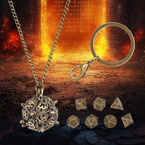 Mini DND Dice Set with D20 Spike Metal Cage Portable Keychain Necklace, Tiny 7pcs Polyhedral D&D Dice Set, DND Gifts with Gift Box, D&D Accessories for RPG, Bronze - color: Bronze