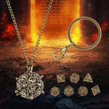 Mini DND Dice Set with D20 Spike Metal Cage Portable Keychain Necklace, Tiny 7pcs Polyhedral D&D Dice Set, DND Gifts with Gift Box, D&D Accessories for RPG, Bronze - color: Bronze