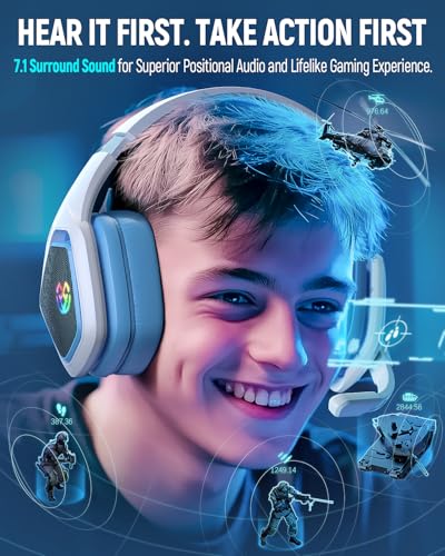 Tatybo Wireless Gaming Headset with Mic, 7.1 Sound 50mm Driver, Blue White | 3-mode 2.4G/BT 5.3/USB-C; 30H battery; low latency for PS5/PS4/PC/Switch/Laptop/Mobile - color: Blue White