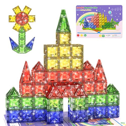 WMXDU Travel Magnetic Tiles Set: Tablet-Light, Group Play for Girls 3-8 | 60-Piece Travel Set, Keeps Girls Engaged in Group Play for 60+ Minutes in Cars/Planes Iron-Box Storage - style: 60pcs-Large