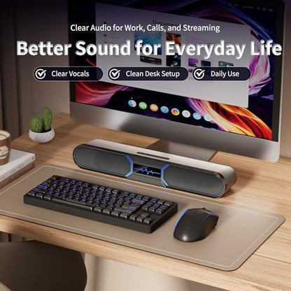 Computer Speakers for Desktop PC, Bluetooth PC Soundbar with Dual Bass Reflex for Monitor, USB Powered RGB Gaming Speakers with USB Wired Input, Stereo Sound for Laptop, Tablet and Desktop Setup