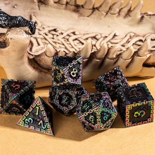 UDIXI Metal Dice Set D&D, Rainbow Metal DND Dice Set for RPG Tabletop Games | 7-Pieces, Dragon Carved, Chain-edge Design, Metal Gift Box, DM Gift, for Dungeons and Dragons Role Playing Games - color: Chain Frame-colorful Black
