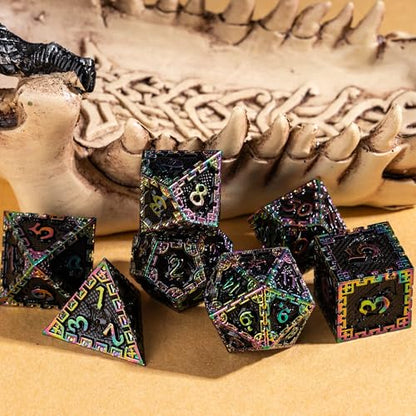 UDIXI Metal Dice Set D&D, Rainbow Metal DND Dice Set for RPG Tabletop Games | 7-Pieces, Dragon Carved, Chain-edge Design, Metal Gift Box, DM Gift, for Dungeons and Dragons Role Playing Games - color: Chain Frame-colorful Black
