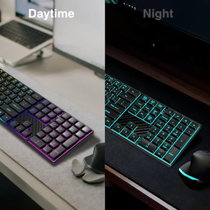 POWZAN Wireless Backlit Keyboard Quiet - Computer Rechargeable Ergonomic Light UP Keyboard, Silent Keys Full Size Compatible for Windows, Desktop, Laptop, PC, Gaming, PS5 - Black - color: Black