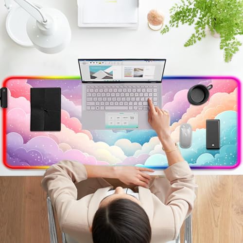 RGB Dreamy Colorful Cloud and Star Gaming Desk Mat, Computer Keyboard Large Extended Long Girly LED Mouse Pad for Office and Home, XL (W08) - color: Rgb-w08