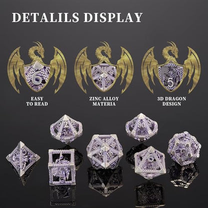 DND Dice, HNCCESG Purple White Dragon Hollow Metal Polyhedral Dice Set for Dungeons and Dragons Dice RPG MTG Table Board Games (Purple White Dragon) - color: Purple White Dragon