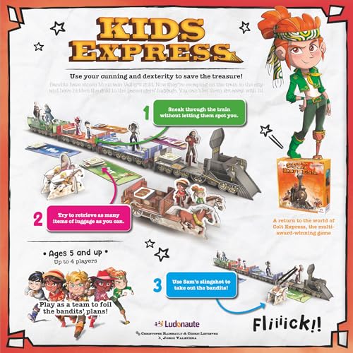 Ludonate: Kids Express - Cooperative Board Game, 3D Train, Flick Projectiles to Hit Bandits, Kids Version of Colt Express, Age 5+, 1-4 Players, 15 Min - style: Kids Express