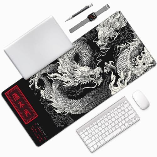 Large Gaming Mouse Pad with Dragon Design, Non-Slip, 35.4" x 15.7", Black and Red Japanese Style Desk Mat - color: Dragon