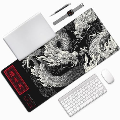 Large Gaming Mouse Pad with Dragon Design, Non-Slip, 35.4" x 15.7", Black and Red Japanese Style Desk Mat - color: Dragon