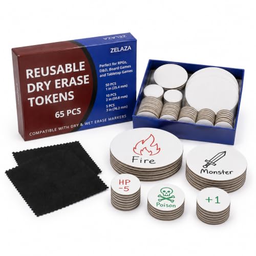 Dry Erase DND Tokens, 65 PCS RPG Set with 2 Erasers, 3 Sizes | Reusable Dry Erase RPG Tokens for DND Combat Tracking, Initiative, Conditions, Effects, MTG Counters, Tabletop Games and DIY