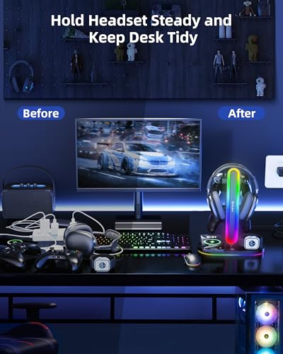 Headphone Stand, Dual Controller Holder, MagSafe Charger for iPhone/iWatch | RGB Gaming Headset Stand for All Headphones, Dual Outputs, ABS Solid Base, Adapter Included, Table Desk Organizer - color: Black with RGB