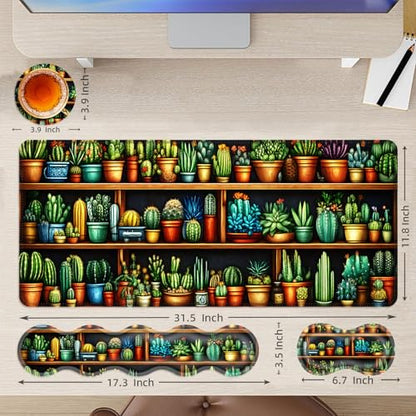 Large Mouse Pad and Keyboard Wrist Rest, Desk Pad for Keyboard and Mouse, 4-in-1 Large Gaming Mouse Pad with Wrist Support, Desk Mat for Home Office Study Game,Cactus and Succulents - color: Cactus and Succulents
