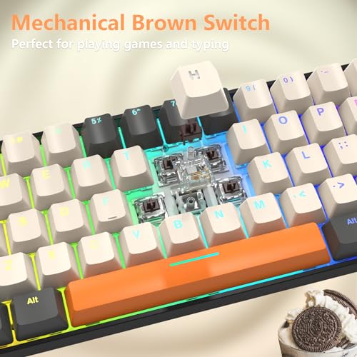 RK-T60 Wired 60% TKL Mechanical Gaming Keyboard Led Rainbow Backlight Ultra-Compact NKRO Linear Red Switch ABS Keycap RGB Honeycomb Mice Coiled Aviator Cable for Windows Laptop PS4/PC/WIN Gamer - color: Milk/Brown Switch