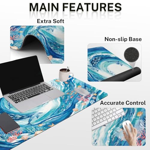 Arttown Keyboard Mouse Pad Set, 4 in 1 Desk Mat Set Ocean Dolphin | Turtle Blue Large Mousepad+Keyboard Wrist Rest+Mouse Wrist Rest+Coaster Ergonomic Design for Home Office Computer - color: Blue Ocean