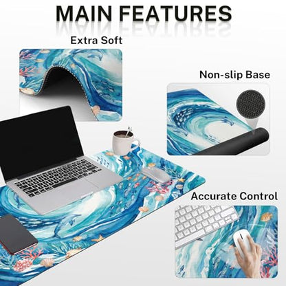 Arttown Keyboard Mouse Pad Set, 4 in 1 Desk Mat Set Ocean Dolphin | Turtle Blue Large Mousepad+Keyboard Wrist Rest+Mouse Wrist Rest+Coaster Ergonomic Design for Home Office Computer - color: Blue Ocean