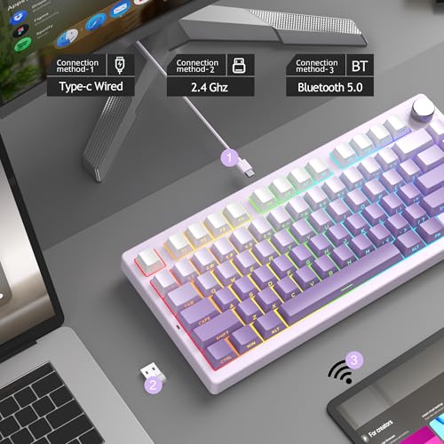 MageGee LIGHT75 Wireless Creamy Keyboard, Tri-Mode Bluetooth/2.4GHz/USB-C RGB Backlit, Gasket Hot Swappable Custom Gaming Keyboard for Win/Mac/PC, with Knob, Side Printed PBT Keycaps, Purple - color: White Purple/Purple Bird Switch